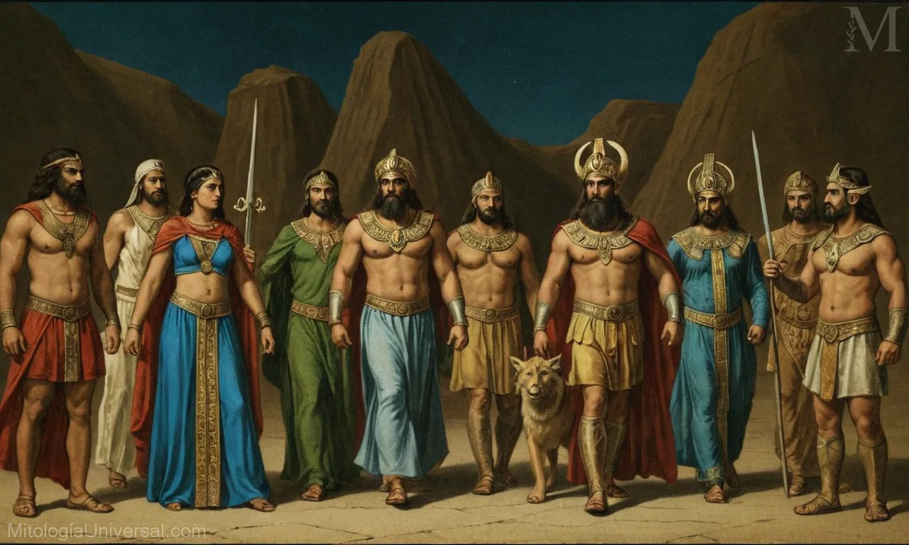 La ilustración representa deidades y relatos heroicos de la mitología persa. Tenga en cuenta la presencia de dioses como Aion, Mithra y Tlaloc y héroes legendarios como Gilgamesh y Enkidu.