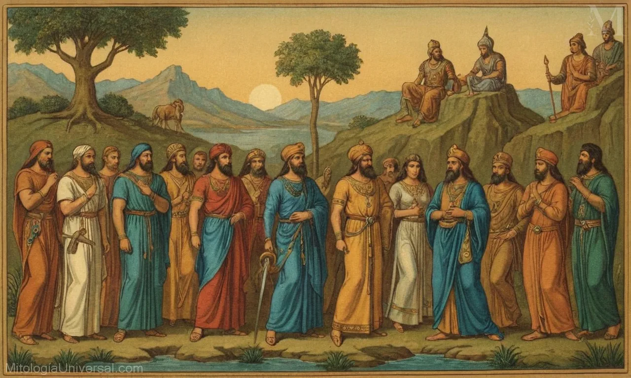 Ilustración vintage sobre lienzo de figuras mitológicas clave de la mitología persa incluyendo dioses y héroes.