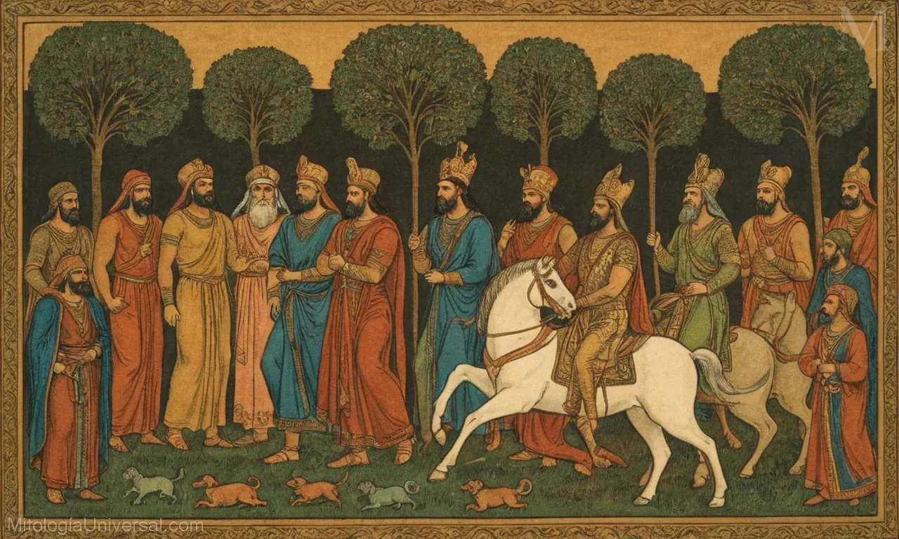 Ilustración vintage sobre lienzo con dioses y héroes de la mitología persa.