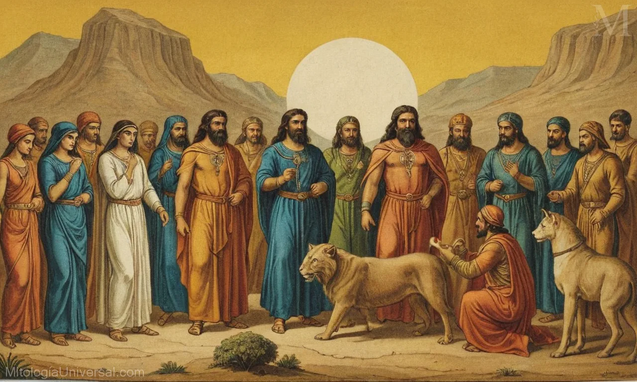 Ilustración vintage sobre lienzo que representa dioses, héroes y mitos de la mitología persa, ilustrando la creación " moralidad.