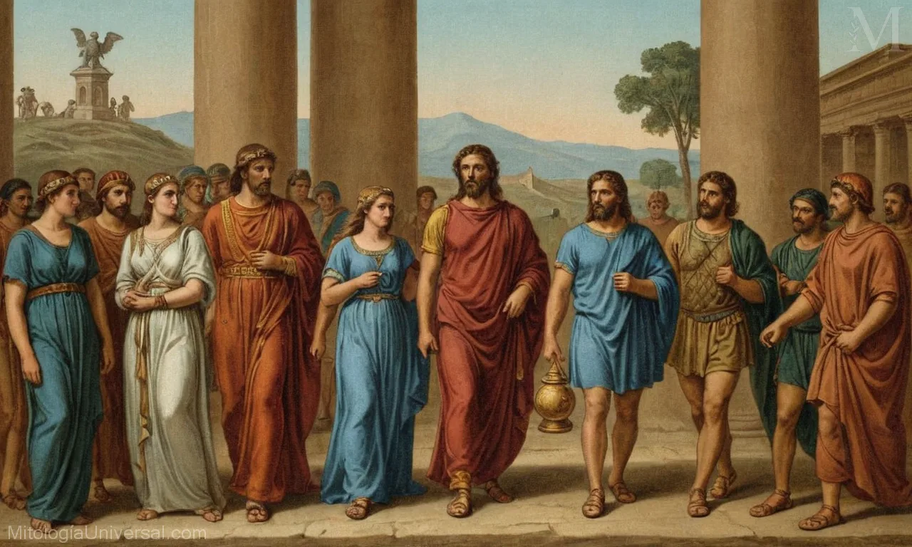 Ilustración de dioses y leyendas de la mitología romana como Júpiter, Minerva y Romulus. La influencia romana en el arte y la cultura durante este período es evidente en el tema.