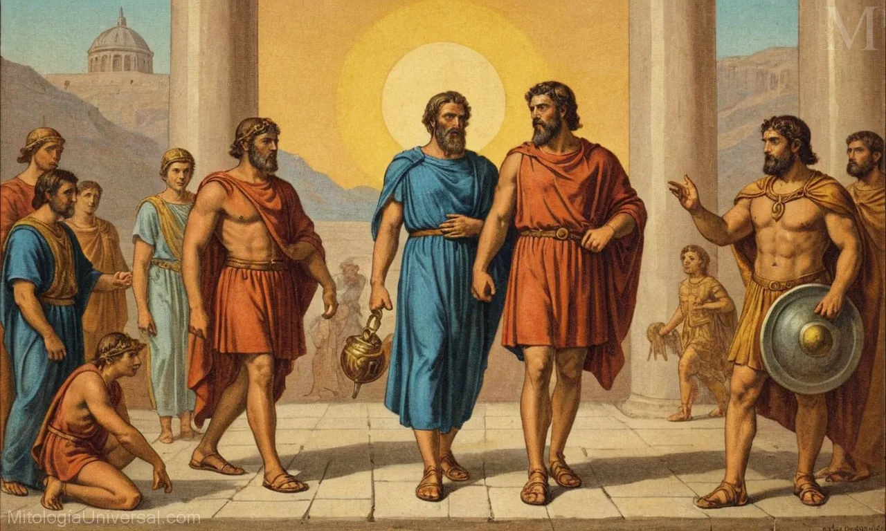 Ilustración vintage sobre lienzo de Eneas y Rúmulo de la mitología romana, representando dioses y leyendas.