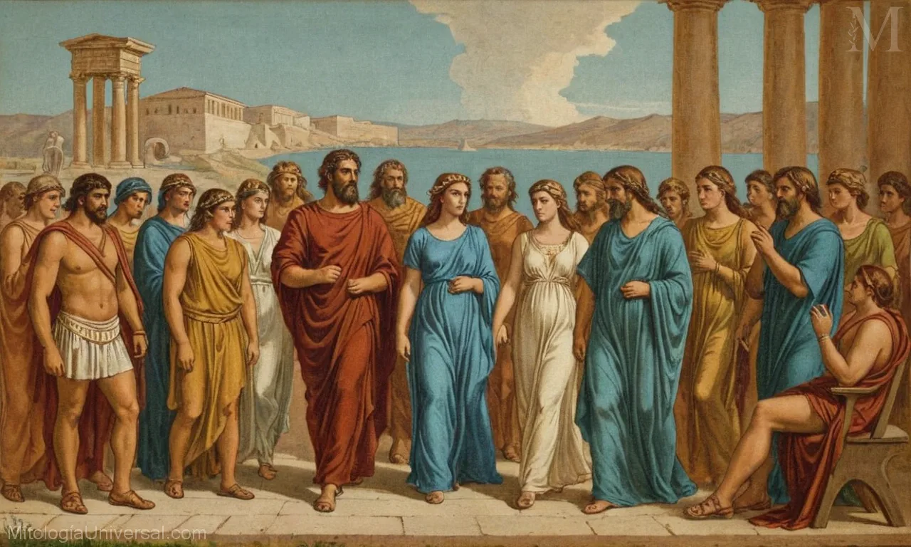 La ilustración muestra mitos griegos antiguos junto a leyendas romanas latinas con dioses e historias, reflejando la influencia de la cultura oral en las sociedades influenciadas por ambas.