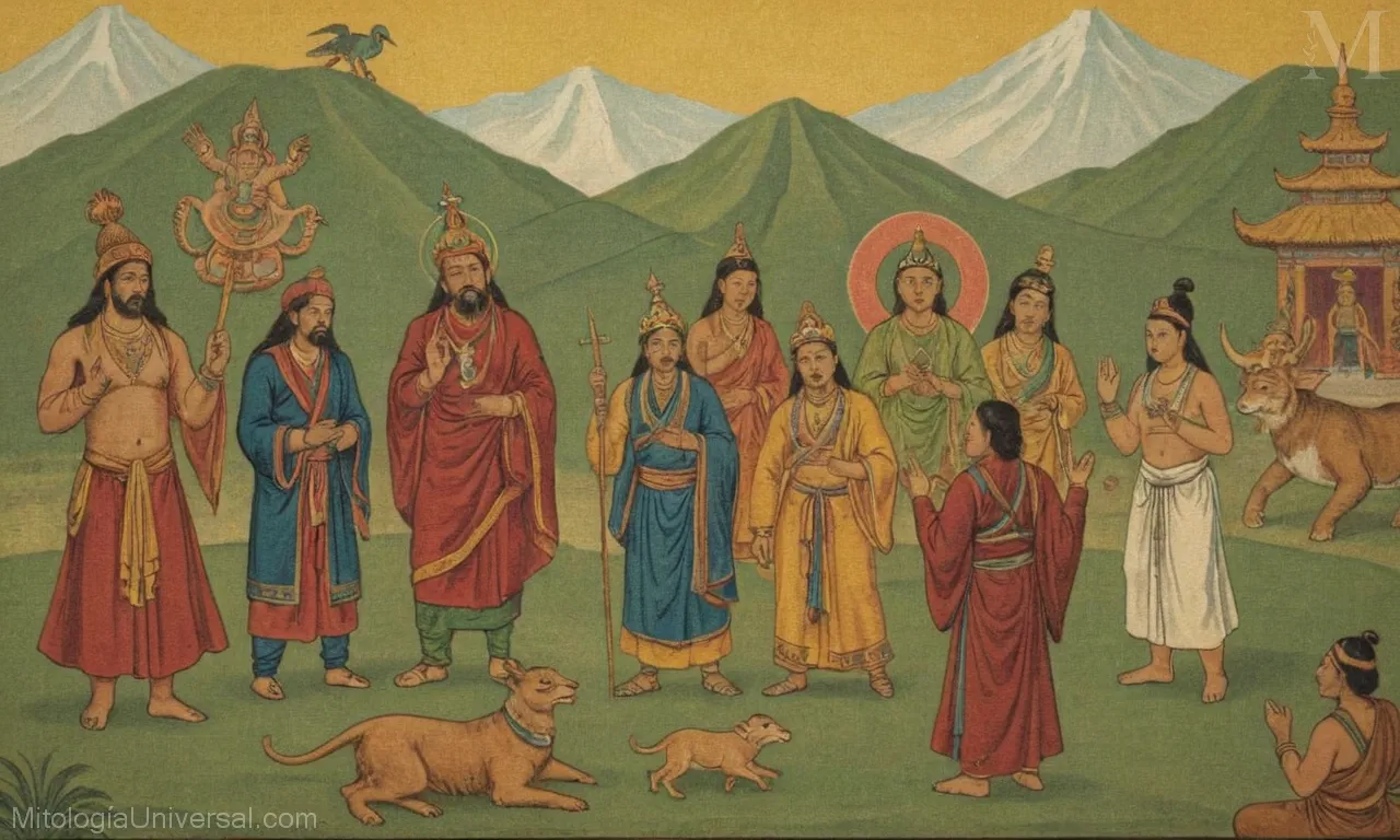 Ilustración vintage sobre lienzo con dioses tibetanos y criaturas de rituales religiosos.