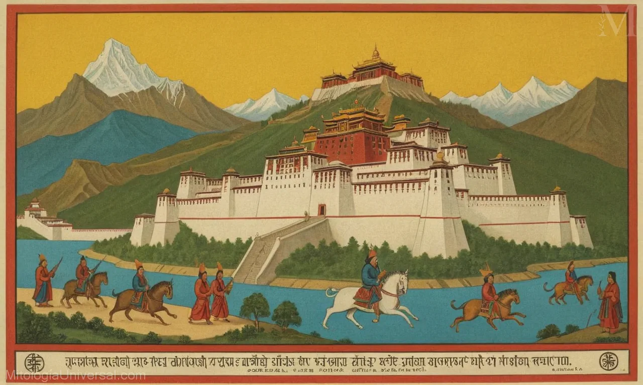 Ilustración vintage sobre lienzo de criaturas y creencias mitológicas tibetanas