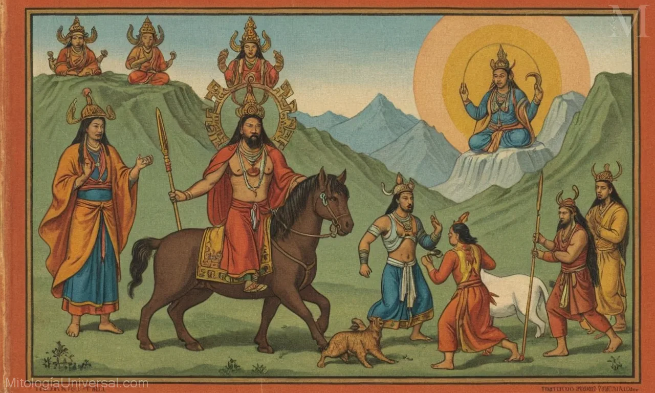 Libro ilustrado vintage que muestra creencias mitológicas tibetanas con dioses, criaturas y su significado.