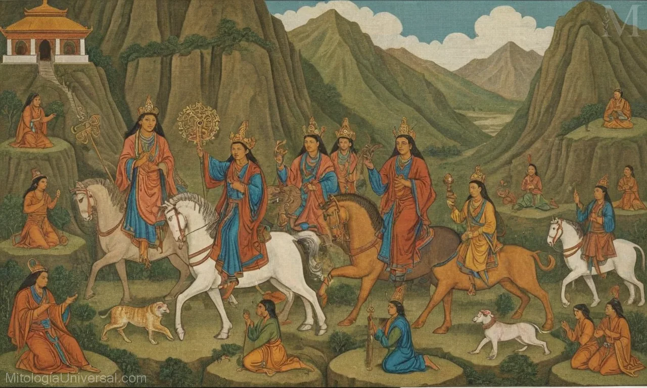 La ilustración vintage sobre lienzo muestra mitos de deidad tibetana y creencias con estatuas de dioses y criaturas de Tibets El Panteon de Deidades. Estos cuentos míticos tienen gran significado espiritual en la cultura tibetana.