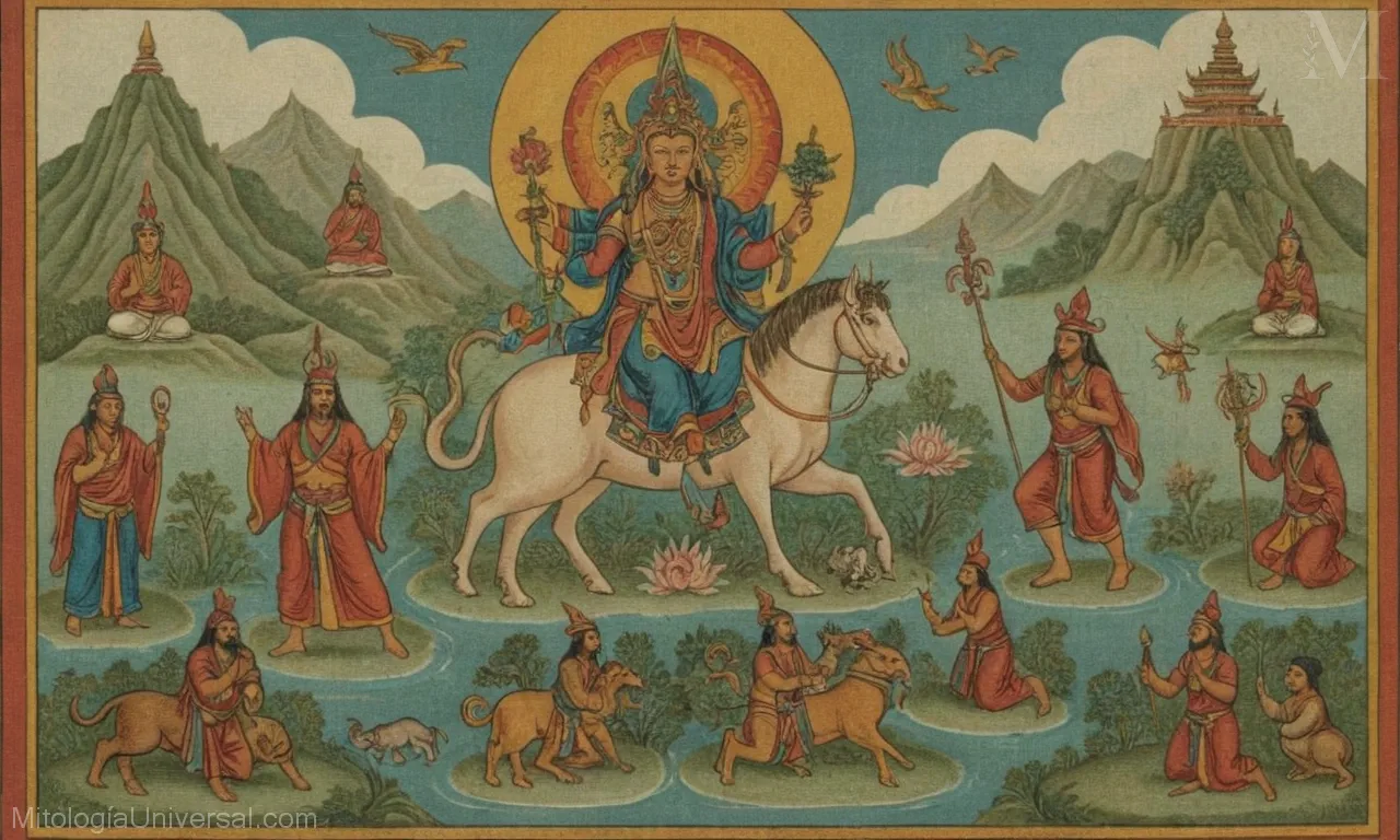 Ilustración vintage sobre lienzo con detalles mitológicos tibetanos incluyendo dioses, criaturas y creencias.