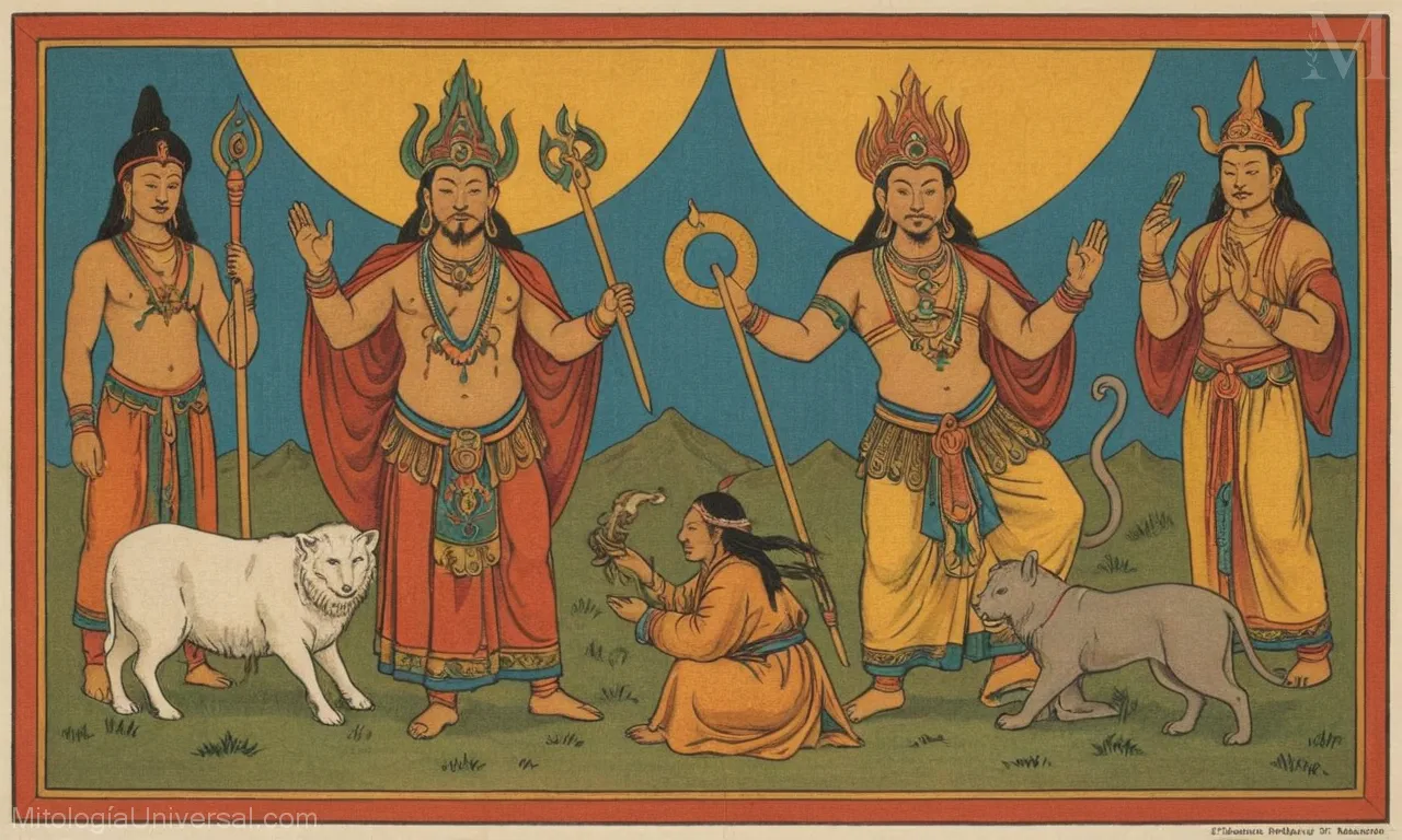 Impresión artística inspirada en el Tíbet que ilustra a dioses, criaturas y creencias del folklore tibetano.