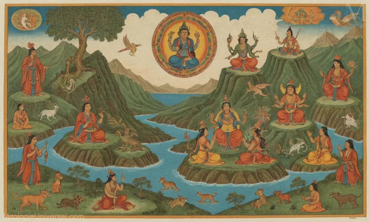 Ilustración vintage sobre lienzo mostrando criaturas míticas y creencias en la mitología tibetana. Características Devas ( dioses tibetanos), espíritus y deidades que representan elementos de naturaleza como tierra, aire, fuego y agua. La imagen también muestra diversos artefactos asociados con la adoración y los rituales.