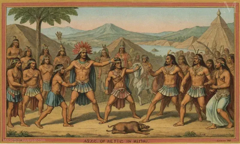 Ilustración tradicional Mito azteca sobre Mixcoatl, la deidad asociada con la curación y la fertilidad. Pone de relieve su papel en las historias, con rituales, batallas, creación de seres humanos, etc.