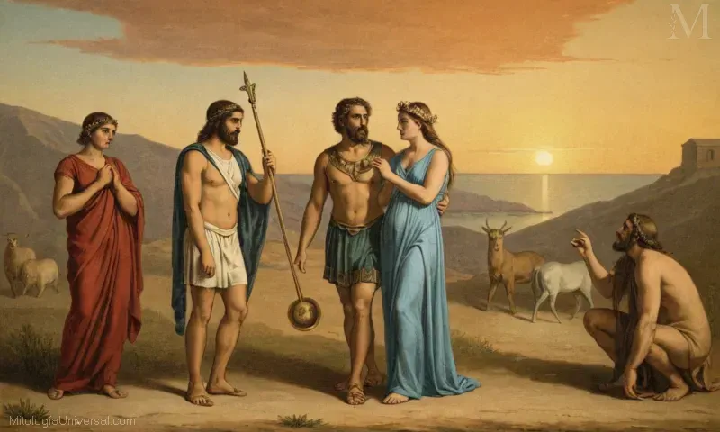 Ilustración con Orfeo como la antigua figura mitológica griega Hymen, representando la inspiración musical y la memoria, entrelazando con Minos en una historia de amor y sacrificio. Esta interpretación representa la comúnidad de los mitos compartidos y arquetipos a través de diversas culturas y períodos de tiempo.