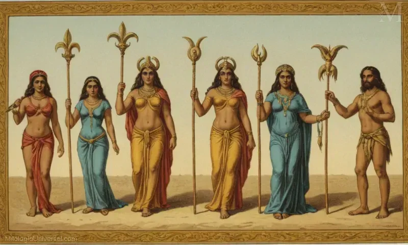 Ilustración vintage del Moirai mitológico griego, que representa la influencia de Moiras ( Moiras) en la cultura griega. Estas son diosas del destino y los hilos de vida respectivamente.