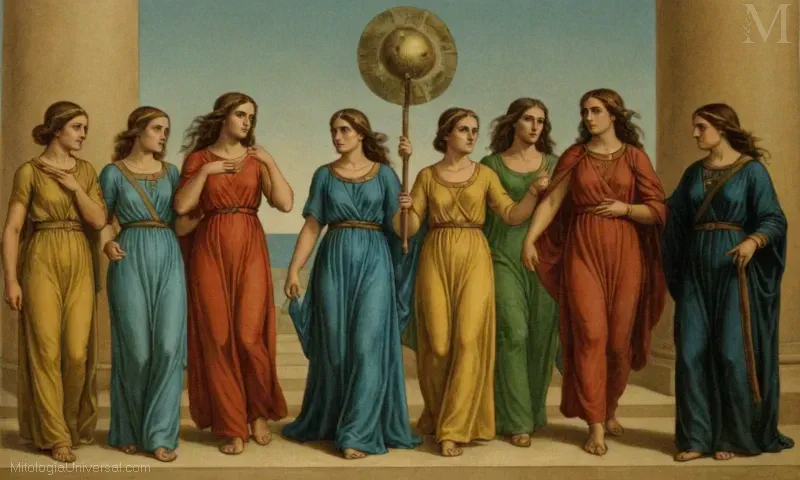 Ilustración vintage de Orígenes y Moiras (Moira = destino, y moirai = cuatro condiciones) de la mitología griega. Representan a las mujeres que simbolizan la fuerza cósmica y provocan la existencia humana en diversas formas. Evolución significa evolución o crecimiento. Esto representa su papel como fuerzas guías a través del proceso natural de las vidas.