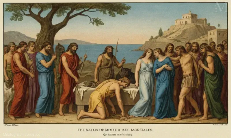 Ilustración que representa dioses griegos de mitología y su relación con los mortales. Algunos ejemplos destacados incluyen Zeus para gobernantes/estantes, Poseidón para los mares/oceanos, Hades para la oscuridad y el inframundo, Afrodita para la belleza, Atenea para la sabiduría/habla.