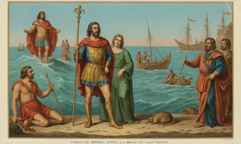 Vintage ilustración de Orígenes y su relación con el dios Poseidon en la mitología romana.