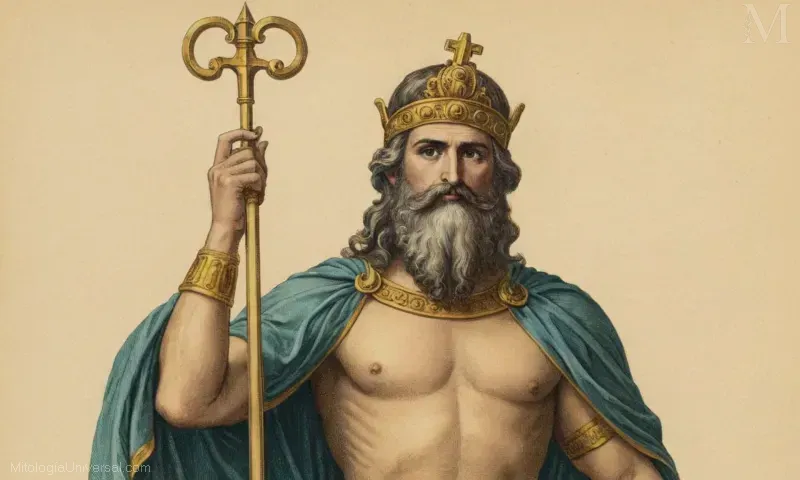 Ilustración con varios aspectos y simbolismo de Neptuno, el dios romano del mar y asociado con las Triunidades (los tres cuerpos en tres reinos - tierra, cielo y mar) junto con su tridente.