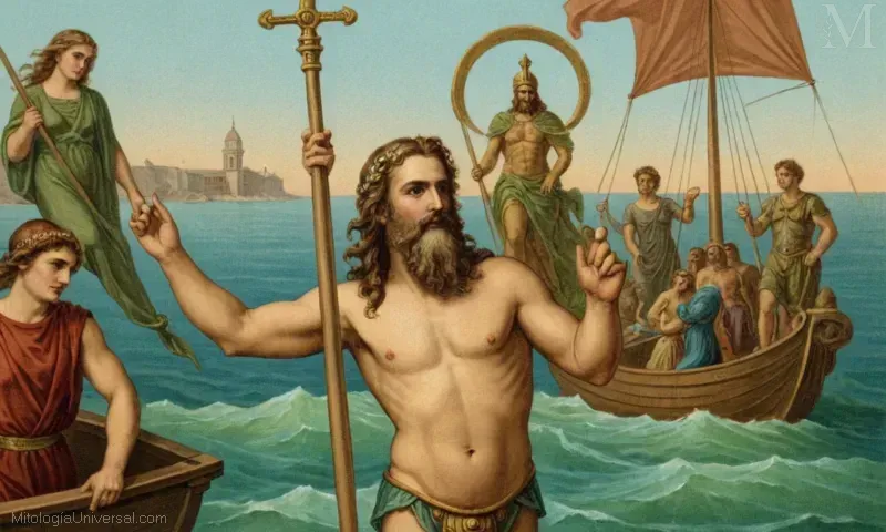 Ilustración vintage de Neptuno, la deidad romana asociada al mar y la mitología.