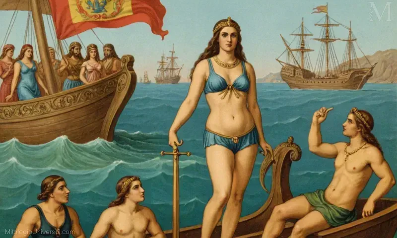 Grabado vintage con El Nereidio, deidad del mar en mitologías griegas. Es una representación de la figura folclore española y referencia cultural, Nereo (también conocido como Nereo). En esta pieza, El Nereidio es representado junto a su hermana Thetis y Nefertiti, de pie cerca de un barco con un alto mermen que está vigilado por su proa. La imagen muestra un sentido de historia marítima, mitología y cultura dentro de las artes españolas, haciendo uso del simbolismo marino tradicional.