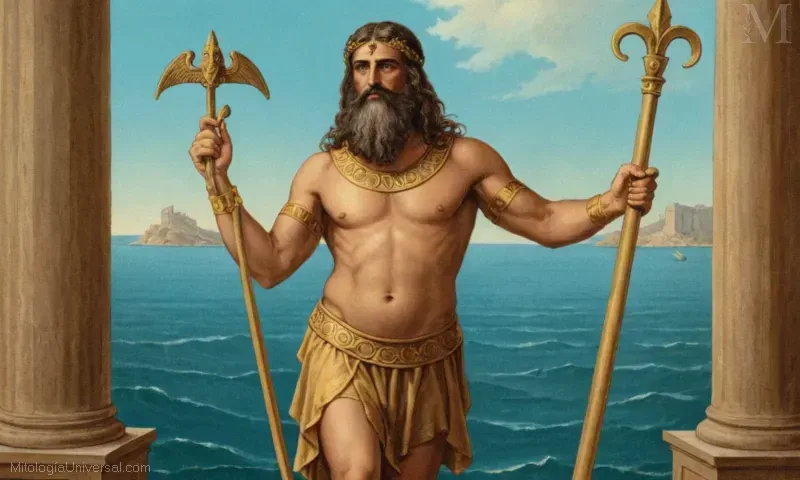 Ilustración de la deidad Nereo, dios del mar con atributos como poder, sabiduría y habilidades proféticas. Es prominente en la mitología griega antigua y la religión romana.