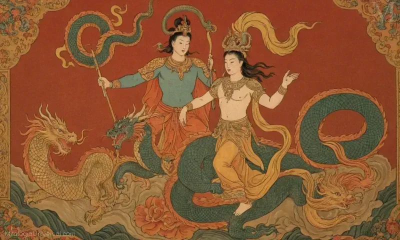 Ilustración de Nezha, el protector de Dios de la mitología china, mostrando su influencia y legado. Esta exquisita pieza cuenta con detalles intrincados en el fondo, representando varios elementos mitológicos relacionados con Nezha como su piel de dragón y corona dorada - poder y autoridad que significa. La figura se presenta en un estilo chino tradicional, que transmite belleza y fuerza mientras lleva el simbolismo de los valores de Nezhas: protección, armonía y diversión.
