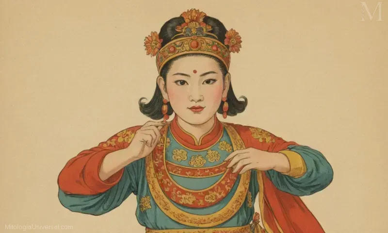 Ilustración vintage de Nezha, la deidad china asociada a la juventud, la protección y la disciplina.