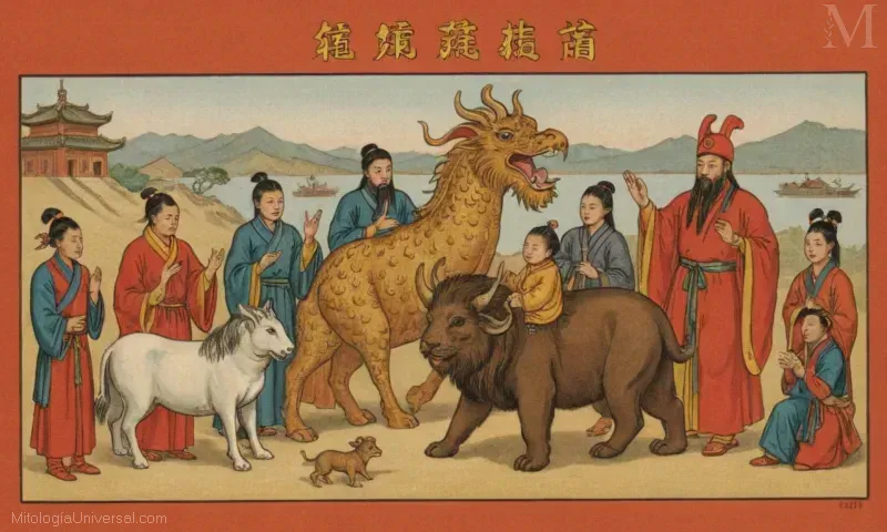 Ilustración de El Niño como bestias míticas en la cultura china del Año Nuevo. El Niño se refiere al equinoccio de primavera y representa la transición entre dos estaciones. En las mitologías tradicionales chinas, estos períodos de transición están marcados por criaturas míticas o seres conocidos como nien, que pueden incluir una variedad de animales híbridos o fantásticos inspirados en diferentes tradiciones del Asia oriental. Durante las celebraciones del Año Nuevo Chino, estas bestias, como El Niño, se convierten en artículos populares para la decoración y los talismanos en casas de toda China. Se cree que traen buena fortuna y evitan los espíritus malignos, simbolizando el cambio, el crecimiento y la continuidad durante los grandes cambios de temporada.