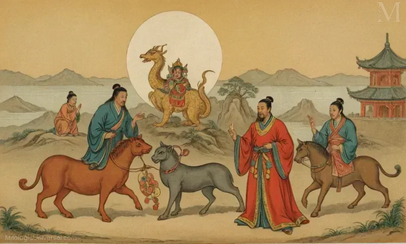 Imagen vintage de los míticos animales chinos asociados con la leyenda Lunar Año Nuevo - Nian.