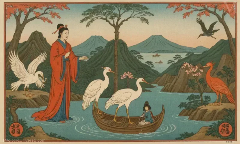 Ilustración vintage de Ninigi el mensajero de la deidad Shinto recibiendo la venganza imperial en Japón.