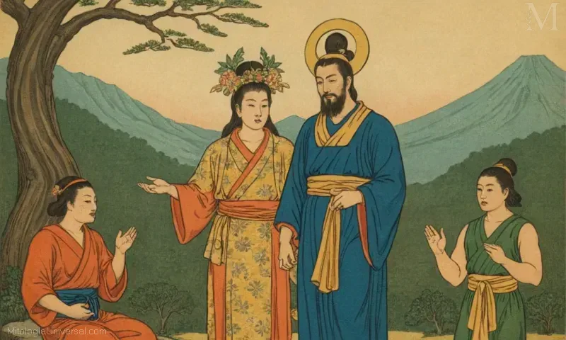 Ilustración Vintage de Ninigi el esposo que representa a la humanidad en los Shintoisms que funden mito, La Edición a la Dinastía Humana. Esta deidad japonesa simboliza la unión entre humanos y naturaleza o dioses.