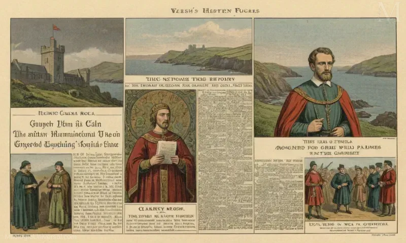 Ilustración vintage de la legendaria figura Gwynedd y su papel en la historia de Welsh, acompañado de titulares de noticias que referencia Gwynedd.