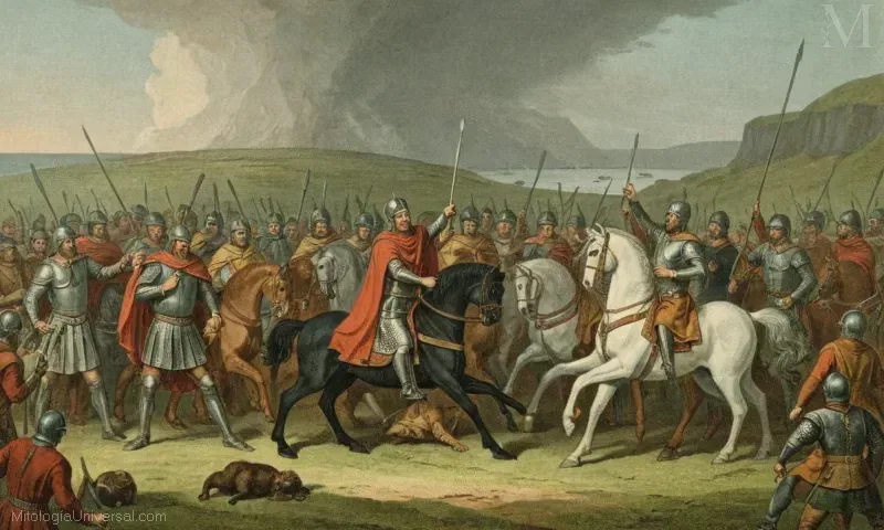 Vintage ilustración de la mitología irlandesa de la Segunda Batalla de Moytura y la pérdida de la mano Nuadas. Es representado como el Rey de Irlanda.