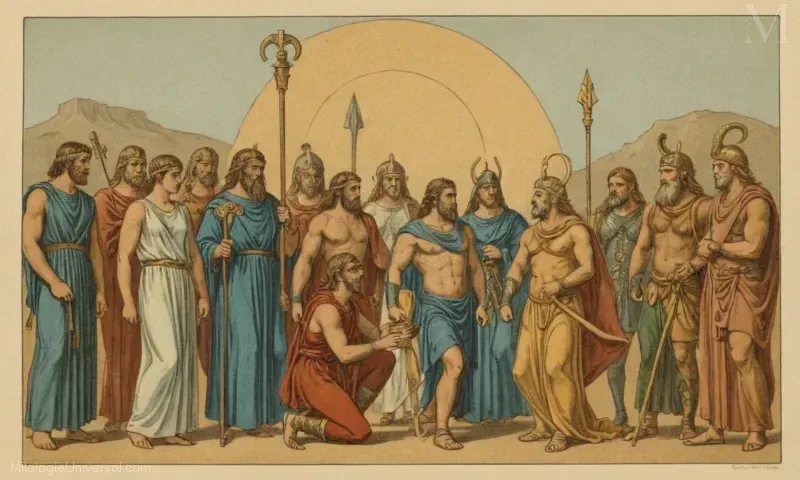 pieza de arte vintage Deidad Tyr con atributos de simbolismo número y mitología nórdica, mostrando su significado en la cosmología Nórdica.