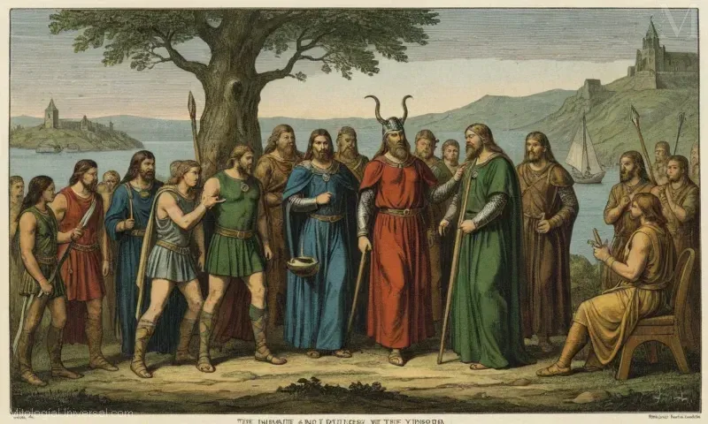 El grabado Vintage se titula The Narrative of Tyr with Loki and Other Gods of the Folklore of Scandinavia. Esta pieza explora la mitología nórdica, centrándose específicamente en Tir (un dios asociado con la sabiduría) y sus interacciones con los otros dioses.