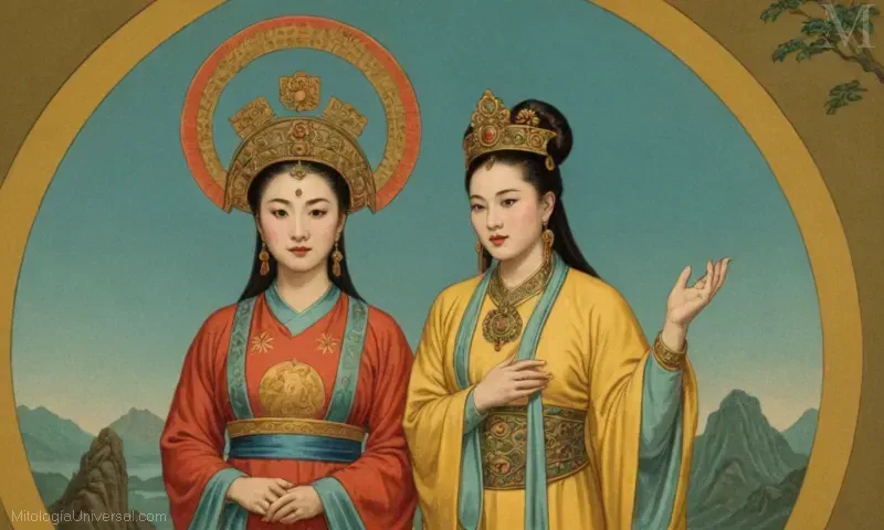 Ilustración vintage de la diosa china Nuwa y su papel como creador del mundo.