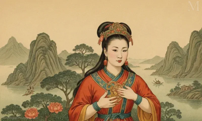 Ilustración de la diosa china Nuwa que está asociada con la creación como se ve en un grabado vintage.