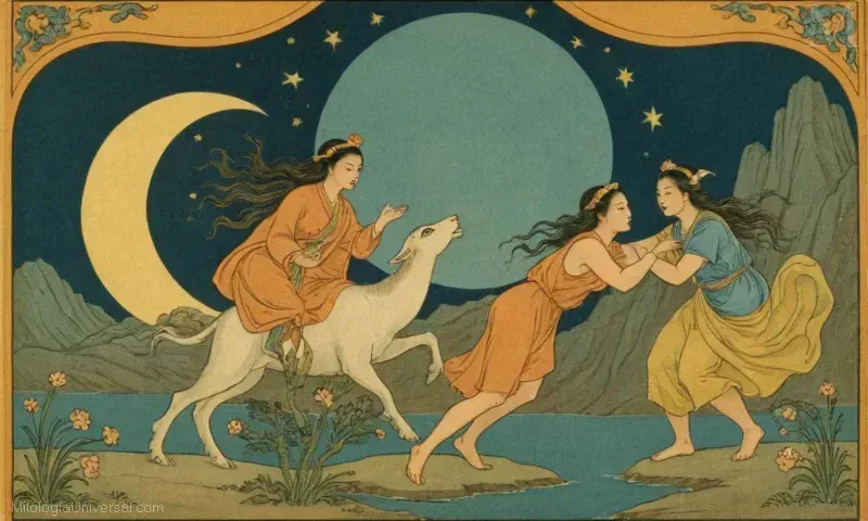 Ilustración vintage de La Luna (Cielo) y Nuwa asociada a la fertilidad de la mitología china. La leyenda dice que Nuwa creó el mundo después de establecer armonía entre humanos y naturaleza.