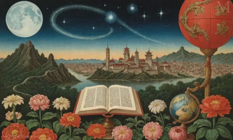 Ilustración de Orígenes (San Jerónimo) y su contexto histórico en relación con los ocho cuentos inmortales del folclore chino. Esta pieza es una mezcla de caligrafía china tradicional, un antiguo horizonte de la ciudad con una crisálida cola roja encaramada en la parte superior, rodeada de flores, y un globo celestial mostrando las constelaciones como se muestra en un clásico libro de astrónomos chinos.