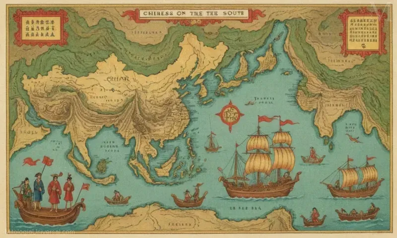 Mapa vintage e ilustraciones que representan una leyenda china sobre un viaje aventurero a través del traicionero Mar del Sur.