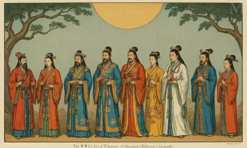 Ilustración vintage de las ocho figuras inmortales del folclore chino con historia y leyenda.