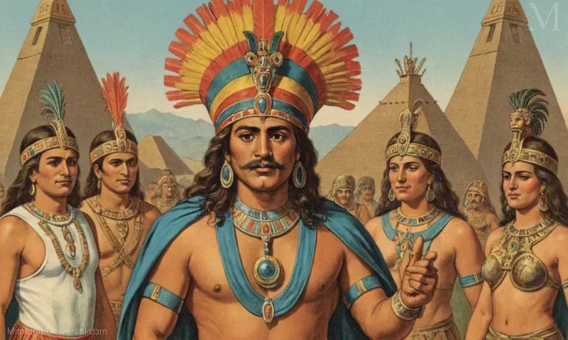 Vintage ilustración de Omacatl, la deidad de la alegría y las fiestas en la mitología azteca.