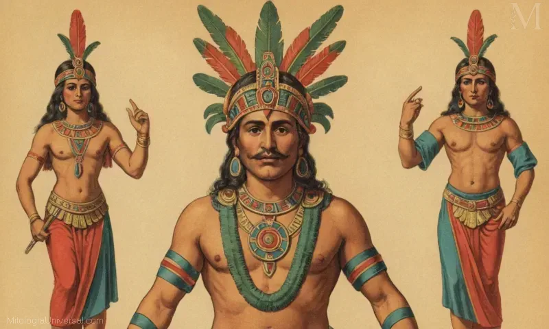 Ilustración vintage de la deidad azteca El Omacatl, que media entre mundos y trae alegría y fiestas.