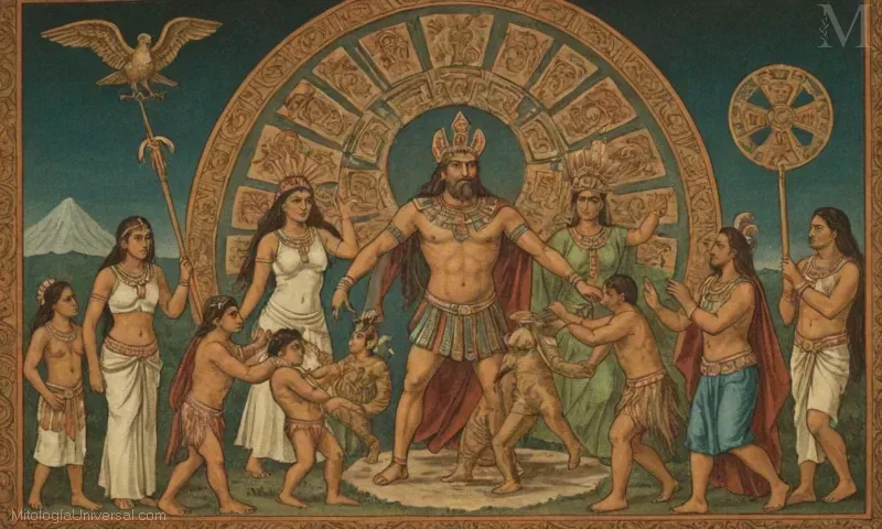 La ilustración representa La Relación con Tonalpohualli y la Creación de Ometecuhtli, una referencia a la relación entre Teochewall (una figura en la mitología azteca) y Ometecuhtli (el Dios Padre de Mesoamérica), destacando su papel de deidad común.