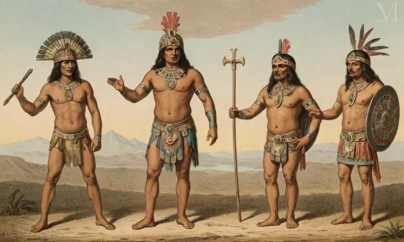 Ilustración que representa Orígenes (Huitzilopochtli) y Conceptuales de Origen Temprana en Mitología Azteca Dualidad. La ilustración describe las dos deidades primarias, Huitzilopochtli para la pendiente norte y Tlaloc para la pendiente sur. Ambos dioses representan aspectos del universo - sabiduría hacia el norte (orígenos), y fertilidad hacia el sur y precipitaciones (conceptos).