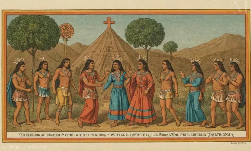Ilustración vintage de La Relación con el Centzon Totochtin de Ometochtli que representa el espíritu mexica, la fertilidad y la emmabraquiación.