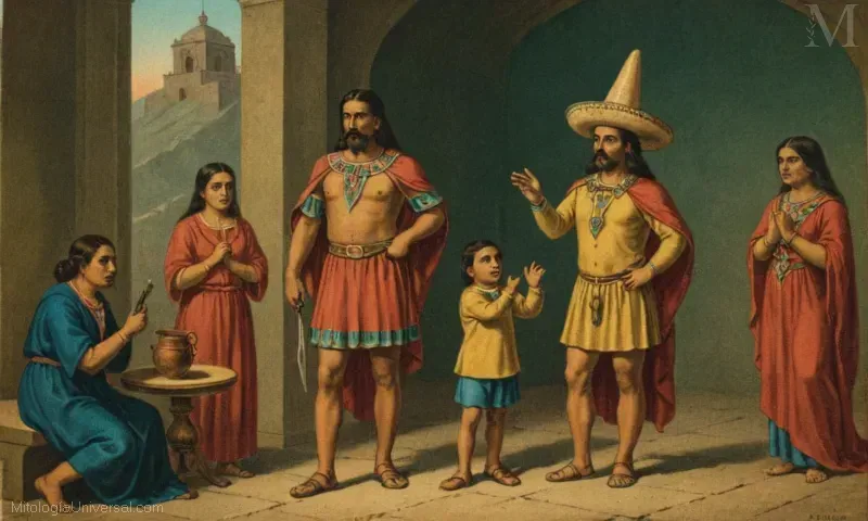 Ilustración vintage que representa el espacio sagrado Ometochtli y el Tepotzlán, ilustrando la espiritualidad y mitología del espíritu Ometochtli entre el pueblo mexica. Este concepto simboliza la fertilidad, la purificación y el ciclo de vida en su cultura.