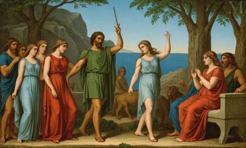 Vintage ilustración de Orfeo y Eurídice, el mito de las literaturas griegas Homeric Epics. Reimaginando una trágica historia de amor que explora la música como arte e instrumento.