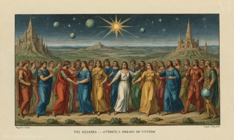 Grabado Vintage con La Tejámica de Orion, la pieza musical de El Sistema de Magia (Orions Magic System), que ilustra elementos mitológicos y avanzados de la civilización.