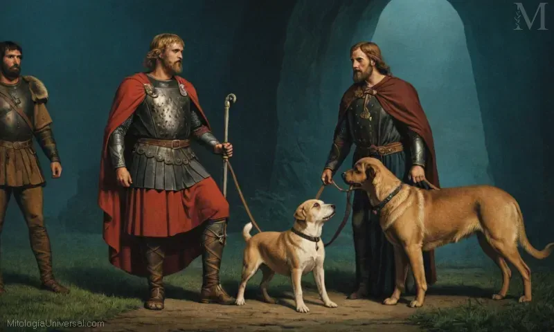 Herculess Herculess trabajo terminado - Orthrus perro, mito: Una representación de la mitología griega antigua sobre la terminación de Heracles trabajo y con un perro Orthrus adornado.