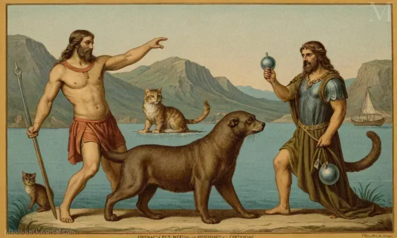 Ilustración de Orthus, un mítico sabueso, guardando símbolos antiguos y obras de arte que representan la deidad alemana Heracles.